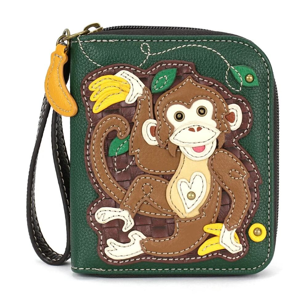 Chala Faux Leather Zip Credit Card Wallet Wristlet - Monkey with Bananas NWT